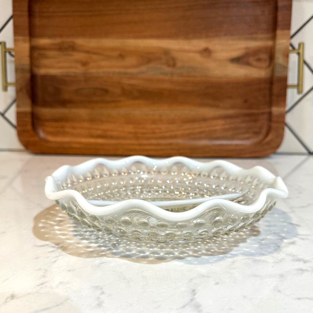 vintage Fenton Moonstone Opalescent Hobnail Divided Relish /Candy Dish coquette